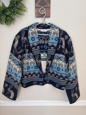 Vintage Flashback Womens Size M Kokopelli Tapestry Jacket Cotton Blue Cream
